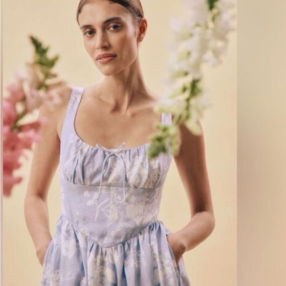 Reformation Balia Linen Dress Angelic Floral Blue Midi NWT Size 12 | retail 278$ - Picture 3 of 11